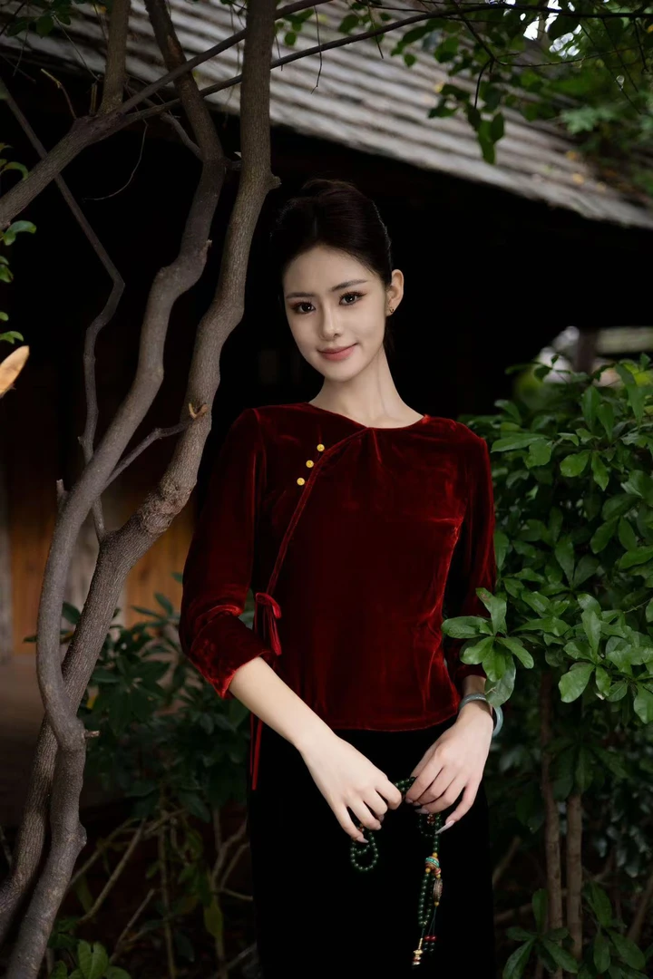 299清库存玉家人服饰国风桑蚕丝丝绒上衣简约日常款