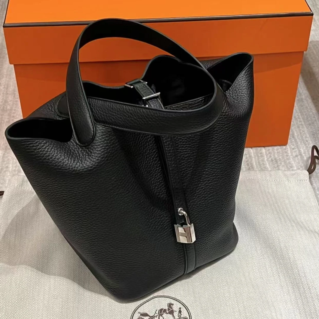99新 Hermes/爱马仕 菜篮子22黑银扣tc皮X手提包