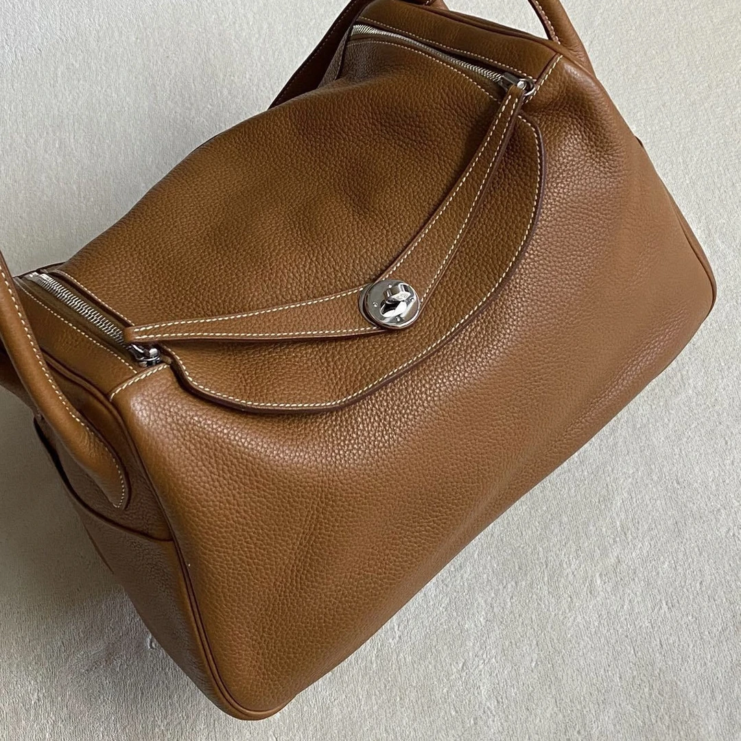 99新 Hermes/爱马仕 lindy30金棕银扣tc皮T单肩包