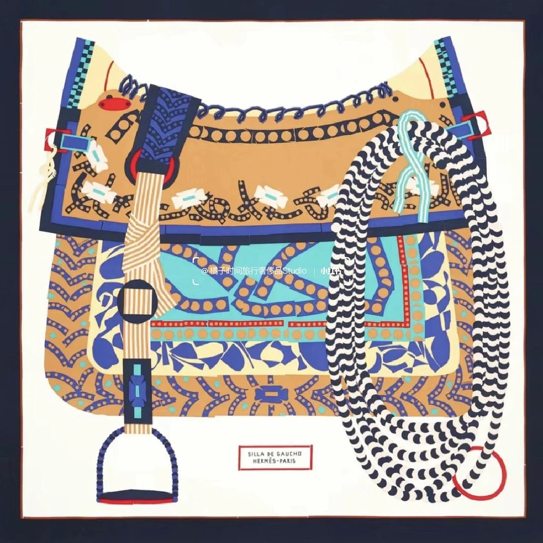 99新 Hermes/爱马仕 黑白棕马鞍丝巾90*90
