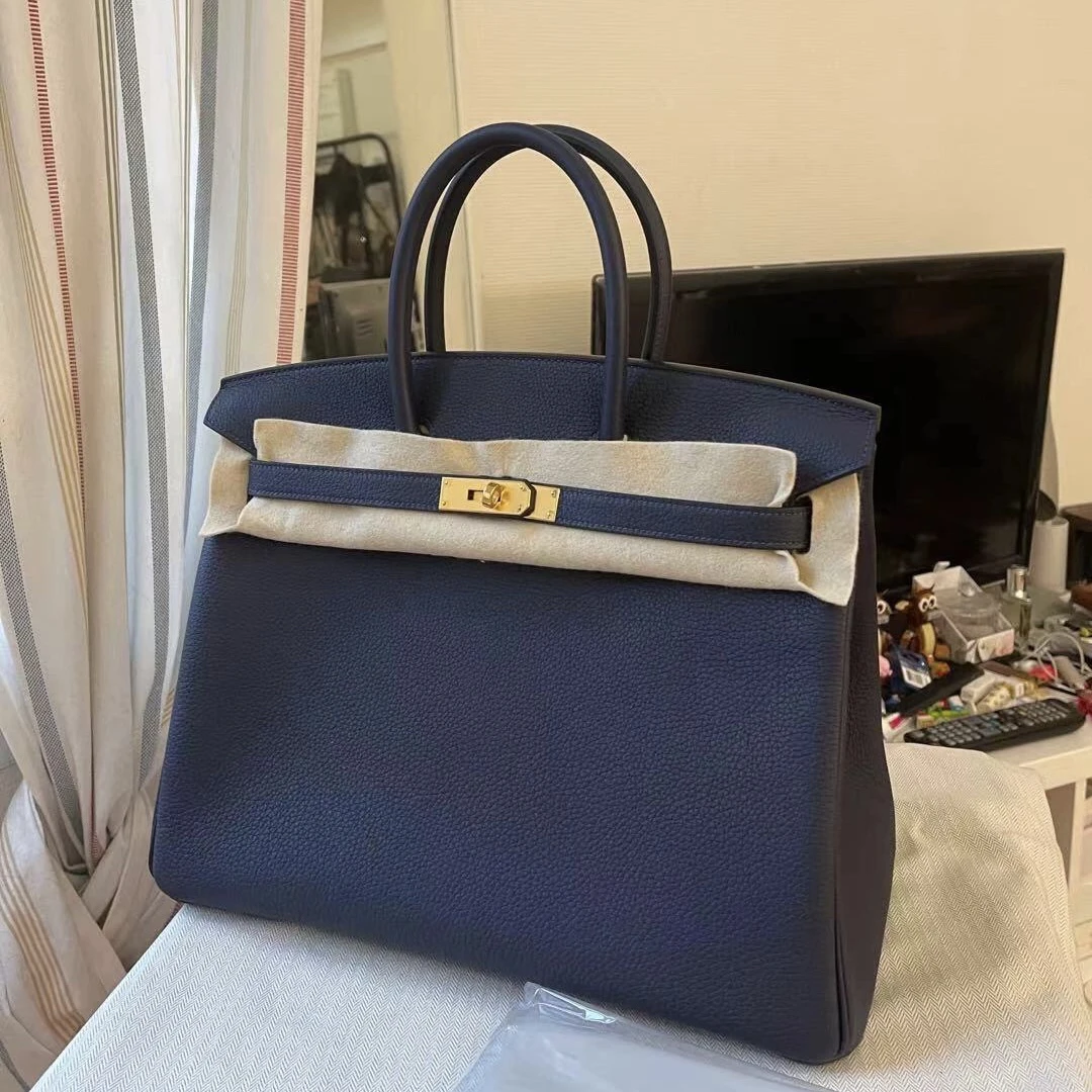 99新 Hermes/爱马仕 birkin35午夜蓝金扣togo手提包中号经典中性