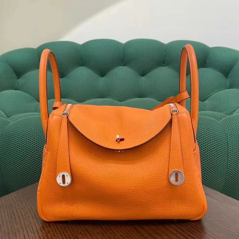 99新 Hermes/爱马仕 lindy30爱马仕橙银扣tc皮N单肩包真皮百搭