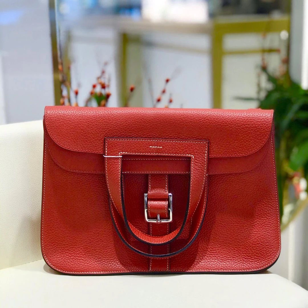99新 Hermes/爱马仕 halzan哈喇子25红色银扣ex皮y单肩包