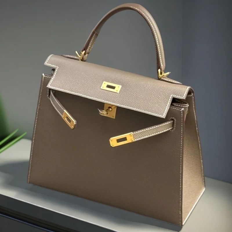 全新未使用 Hermes/爱马仕 kelly25大象灰金扣e皮U手提包真皮