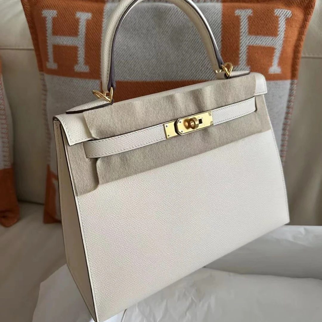 99新 Hermes/爱马仕 Kelly28奶油白E皮  B刻气质白色时尚女士单肩