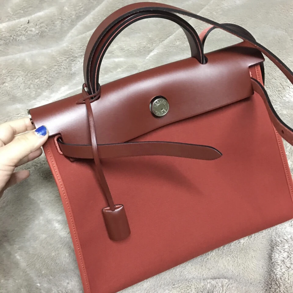 95新 Hermes/爱马仕 herbag31砖红色银扣T手提包