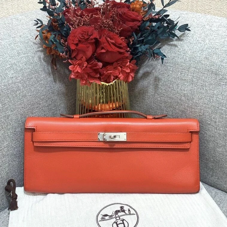 99新 Hermes/爱马仕 kelly cut红色银扣山羊皮手提包