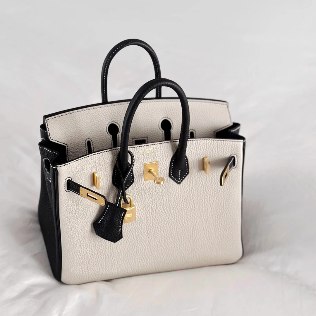 99新 Hermes/爱马仕 birkin25黑白熊猫配色拉丝金扣togo皮B手提包