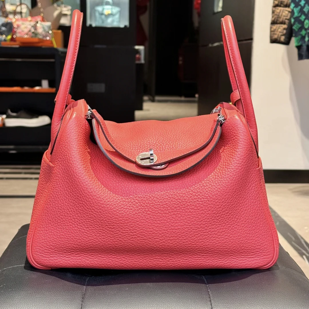 99新 Hermes/爱马仕 lindy30斋普尔粉银扣单肩包
