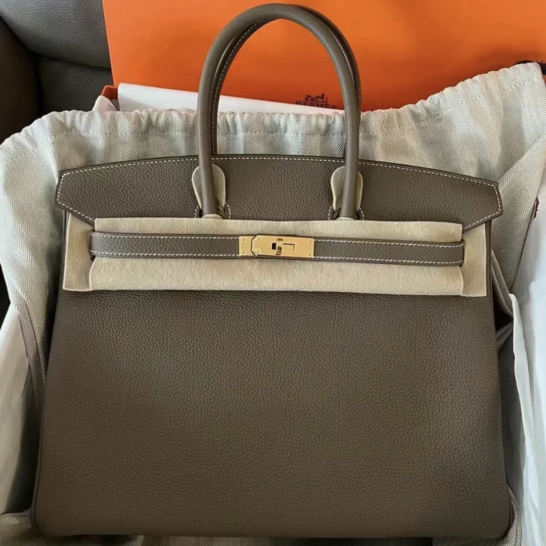 99新 Hermes/爱马仕 birkin35大象灰金扣togo皮T手提包