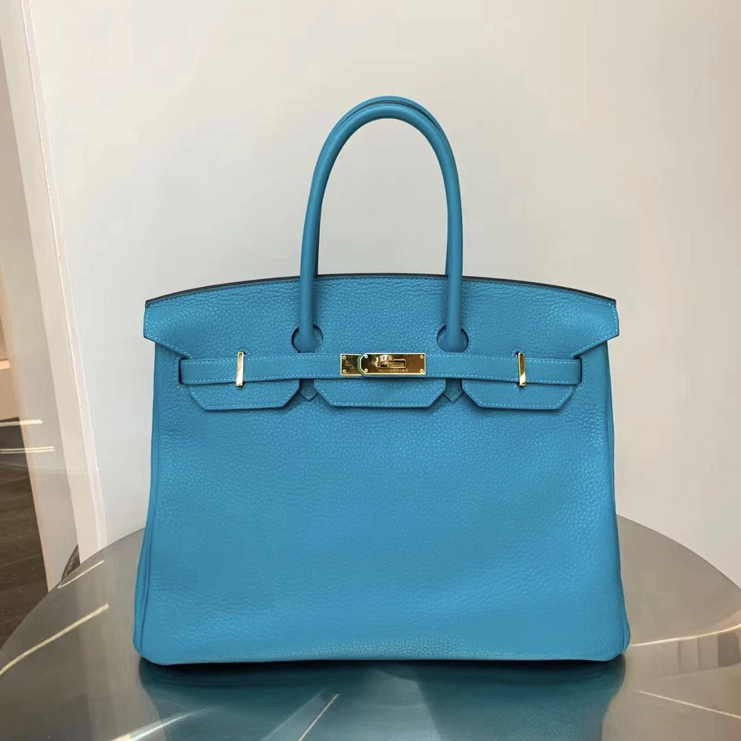 99新 Hermes/爱马仕 birkin35松石蓝金扣togo皮P手提包