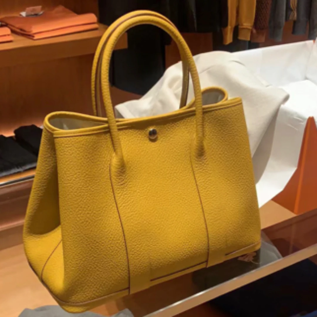 99新 Hermes/爱马仕 花园36琥珀黄银扣tc皮D手提包