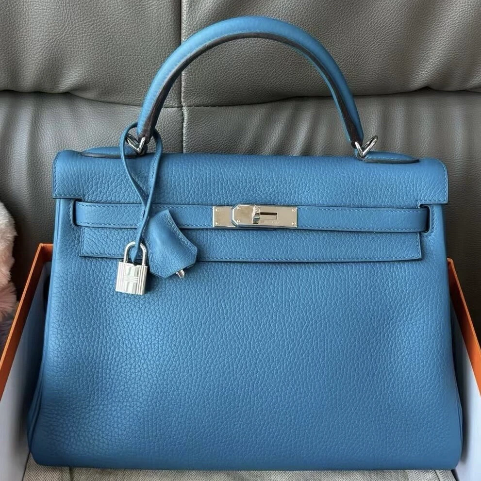 99新 Hermes/爱马仕 kelly35坦桑尼亚蓝银扣togo皮a单肩包