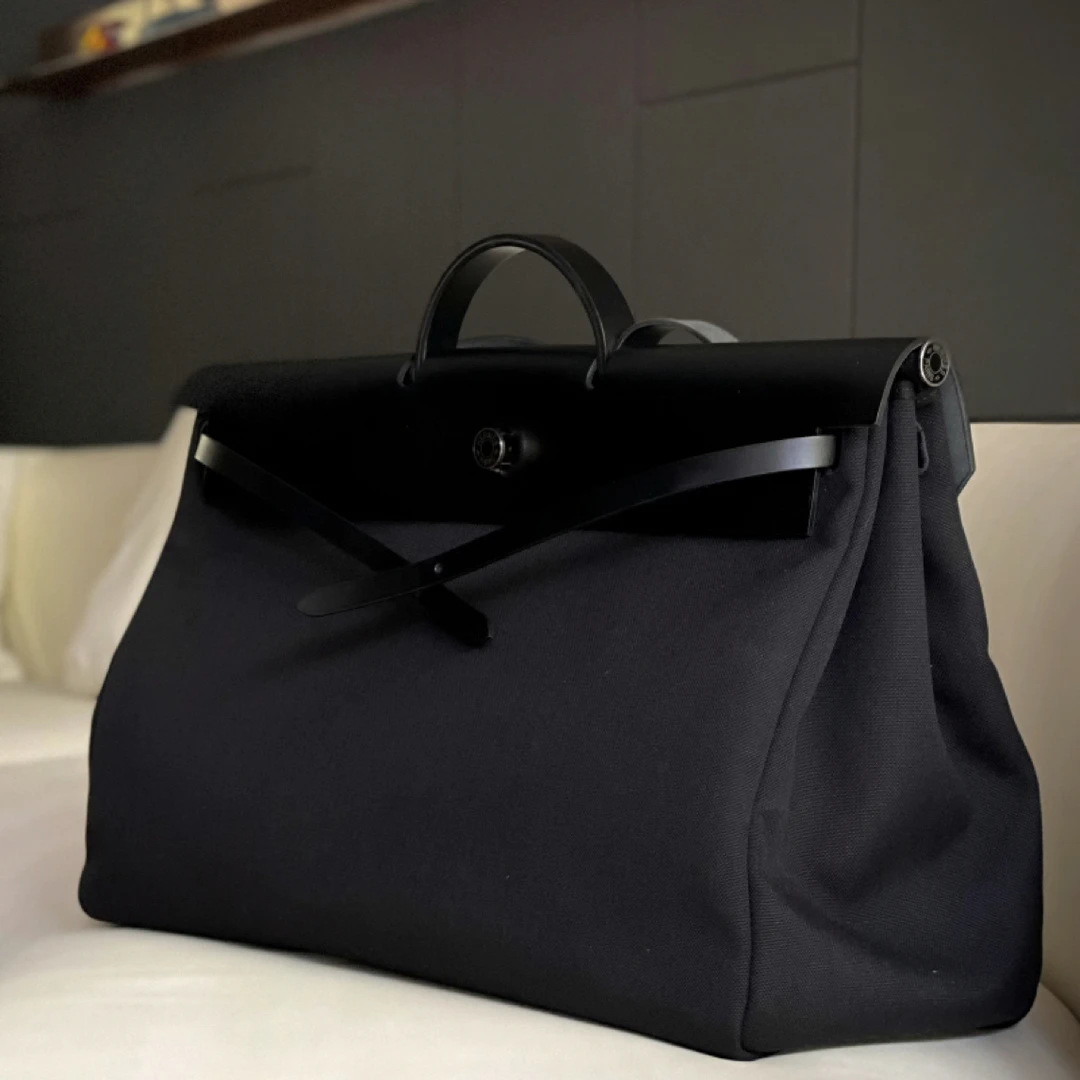 99新 Hermes/爱马仕 herbag50帆布拼皮so black D单肩包百搭