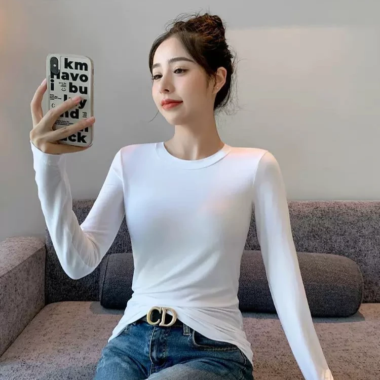 莫代尔纯色打底衫2024女士秋款内搭修身长袖T恤薄款秋衣圆领上衣