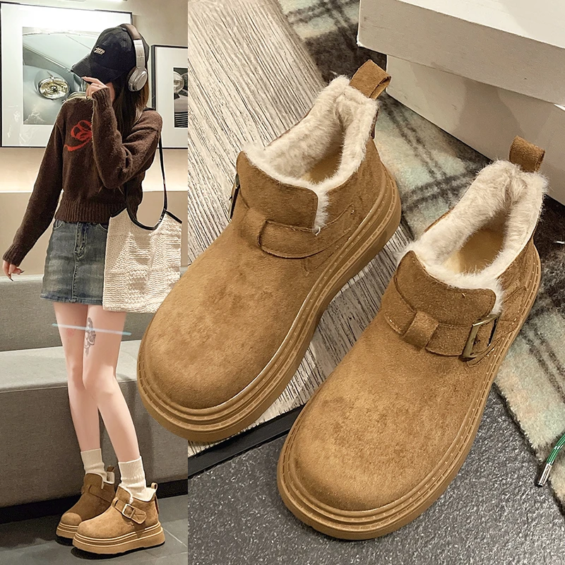 厚底勃肯鞋女2024秋冬新款加绒马丁短靴子外穿保暖棉鞋毛毛雪地靴