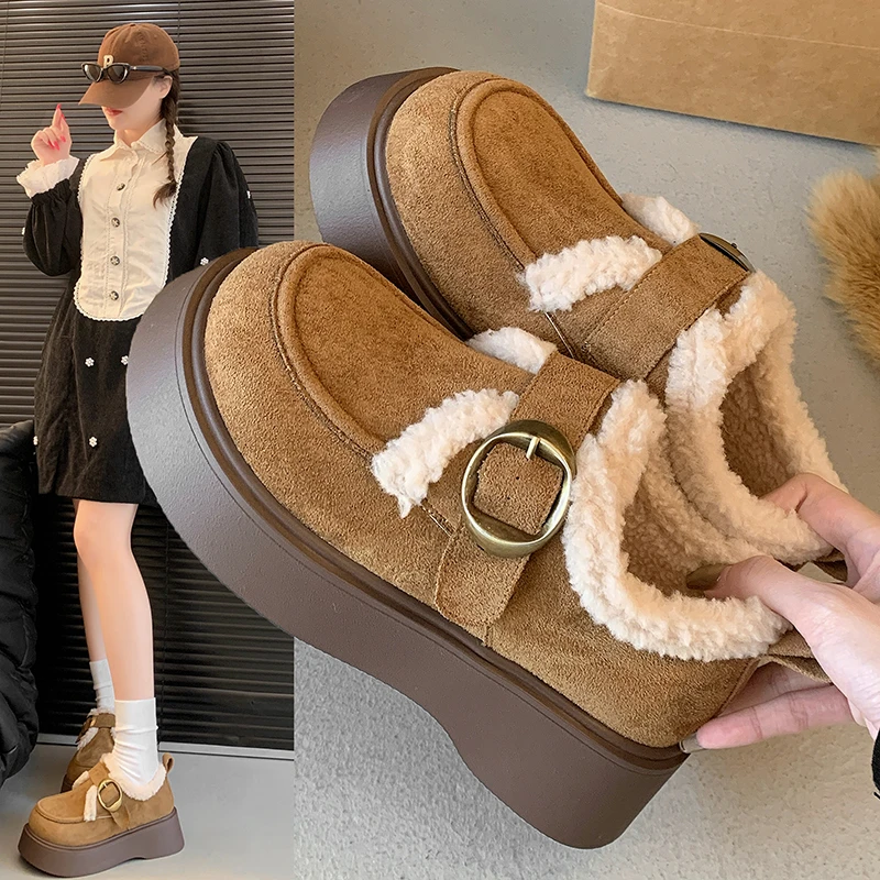 厚底勃肯鞋女鞋子2024新款冬季加绒加厚毛毛棉鞋外穿保暖雪地靴女