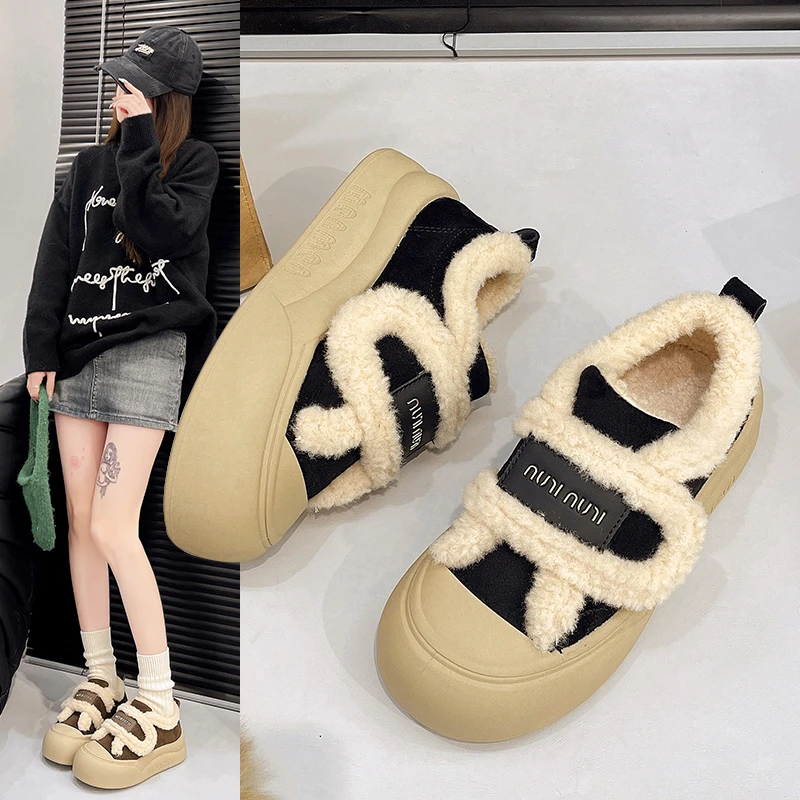 魔术贴厚底丑萌面包棉鞋子2024秋冬新款外穿加绒保暖百搭毛毛鞋女