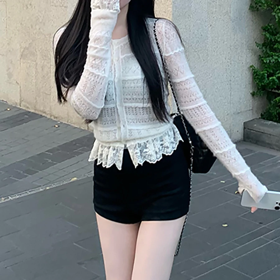 2025早秋款镂空长袖气质收腰显瘦针织开衫白色时尚薄款百搭上衣女