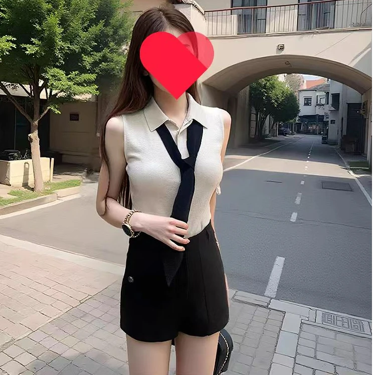 智性冷都女中古小香风POLO领带针织马甲秋冬纯色时尚气质无袖上衣