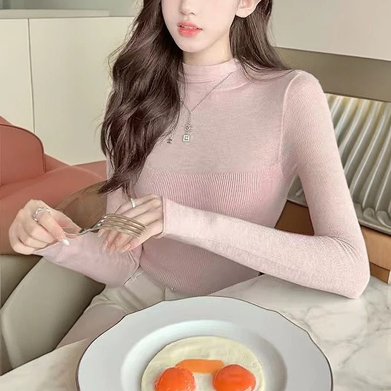 欧若风天鹅颈百搭高领上衣春秋内搭洋气修身高级感显瘦打底衫女