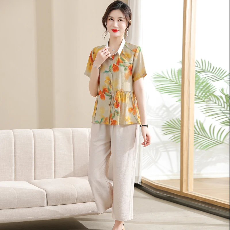 新款高货母亲节衣服套装中老年女装棉质短袖洋气时尚中年妈妈