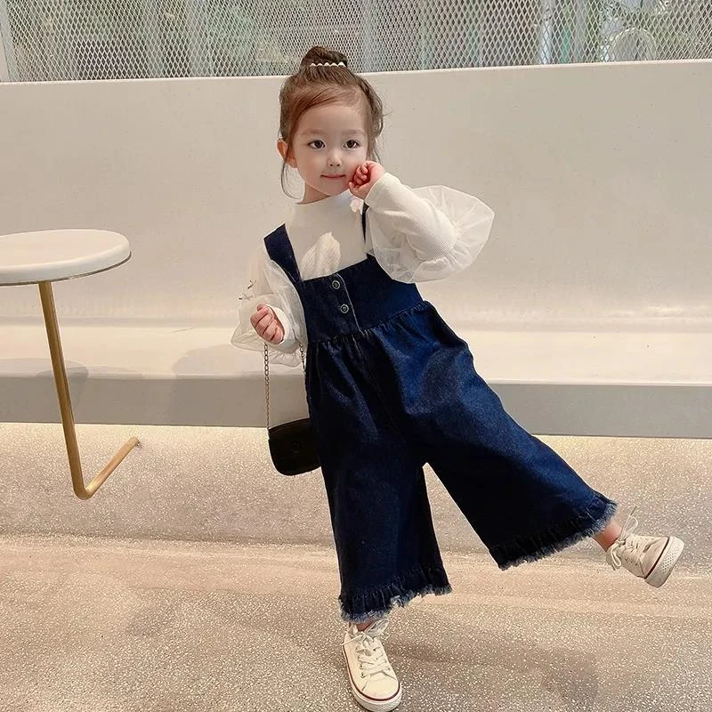 2023女童秋装新款长裤洋气小孩牛仔背带裤女宝宝春