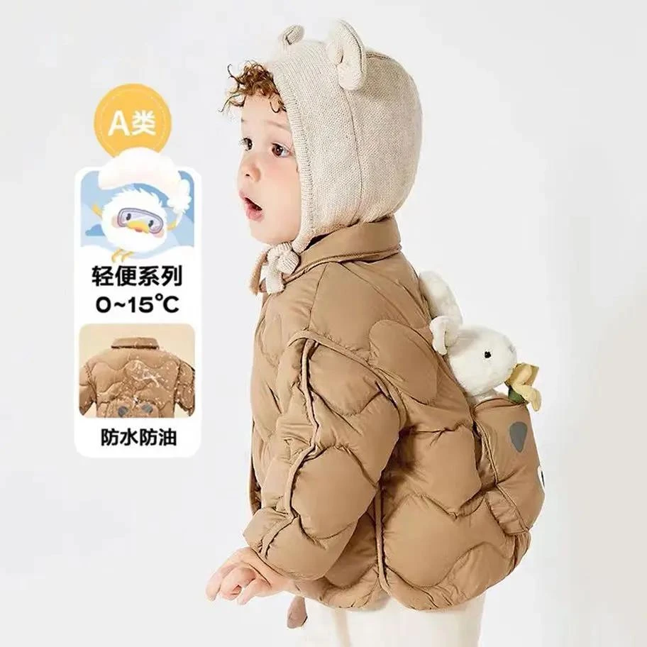 儿童棉服轻薄款2023新秋冬装男女童宝宝短款保暖外套白鸭绒可爱