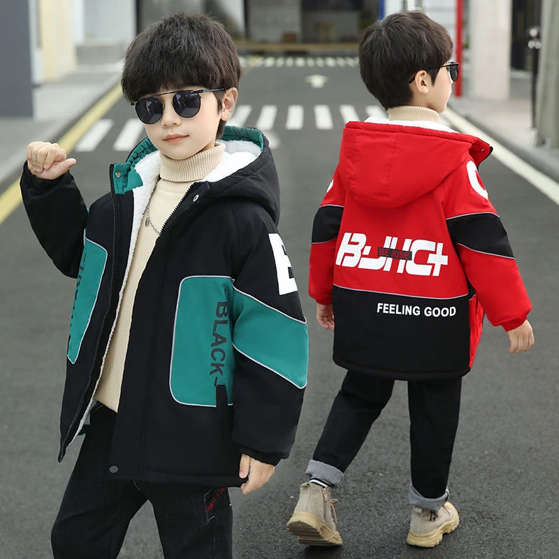 儿童装男童网红中大童外套2023新款秋冬装加绒加厚中长款棉服棉袄