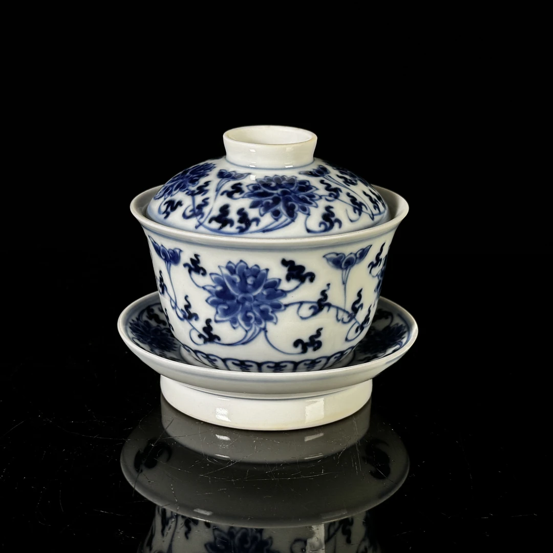 清晚期 青花缠枝莲纹三才盖碗04136 C310