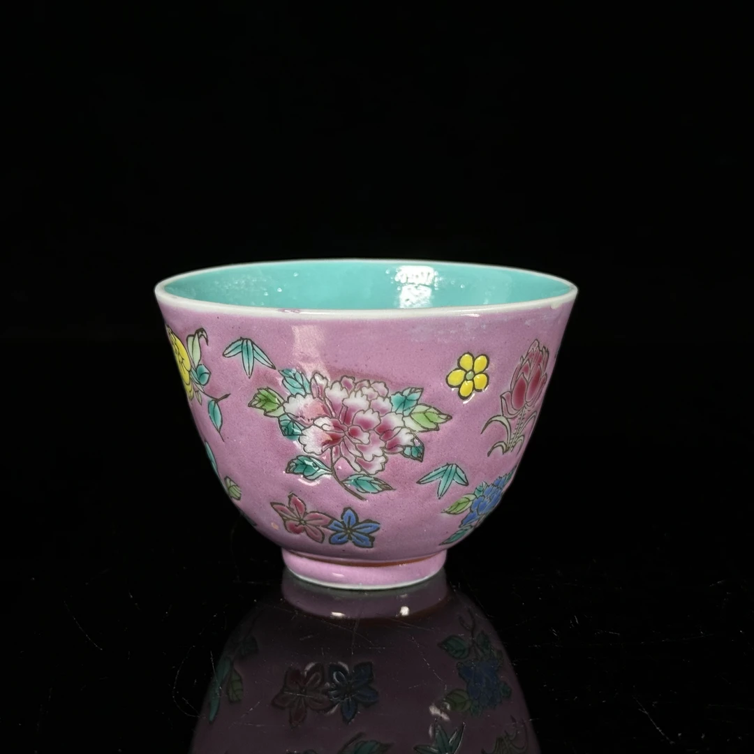民国 胭脂红釉粉彩花卉纹仰钟杯04599 F80