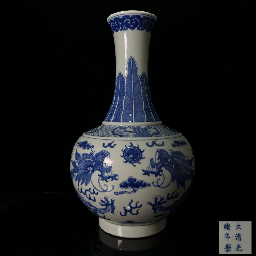 清光绪 青花双龙戏珠纹玉堂春瓶01726