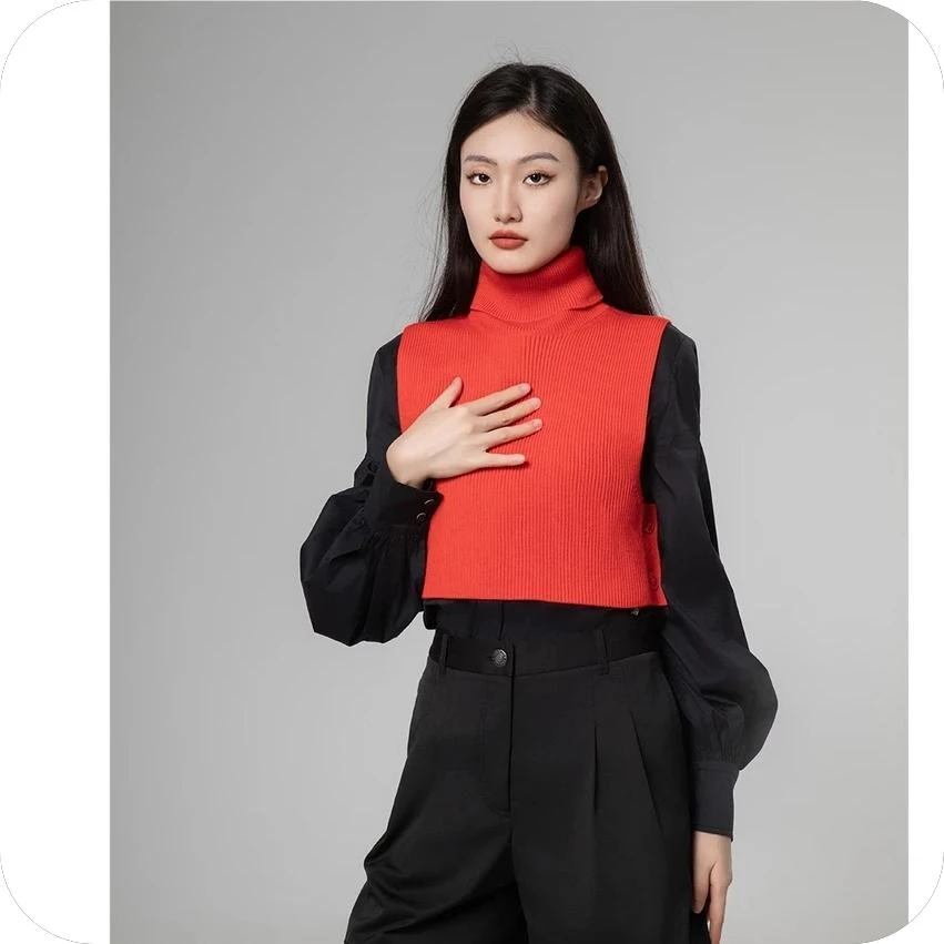 女装高领橘红色无袖羊毛衫1399726-9135