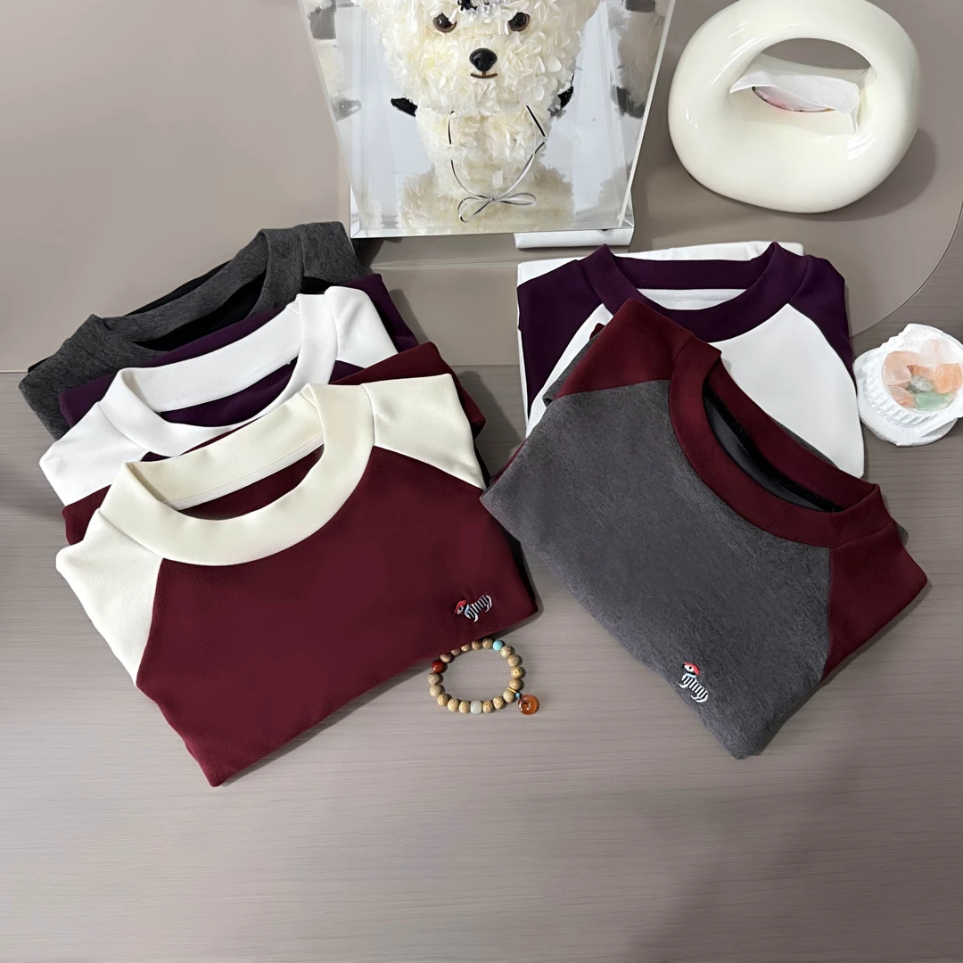 2024新款擦肩袖拼色圆领小斑马天丝羊毛打底衫