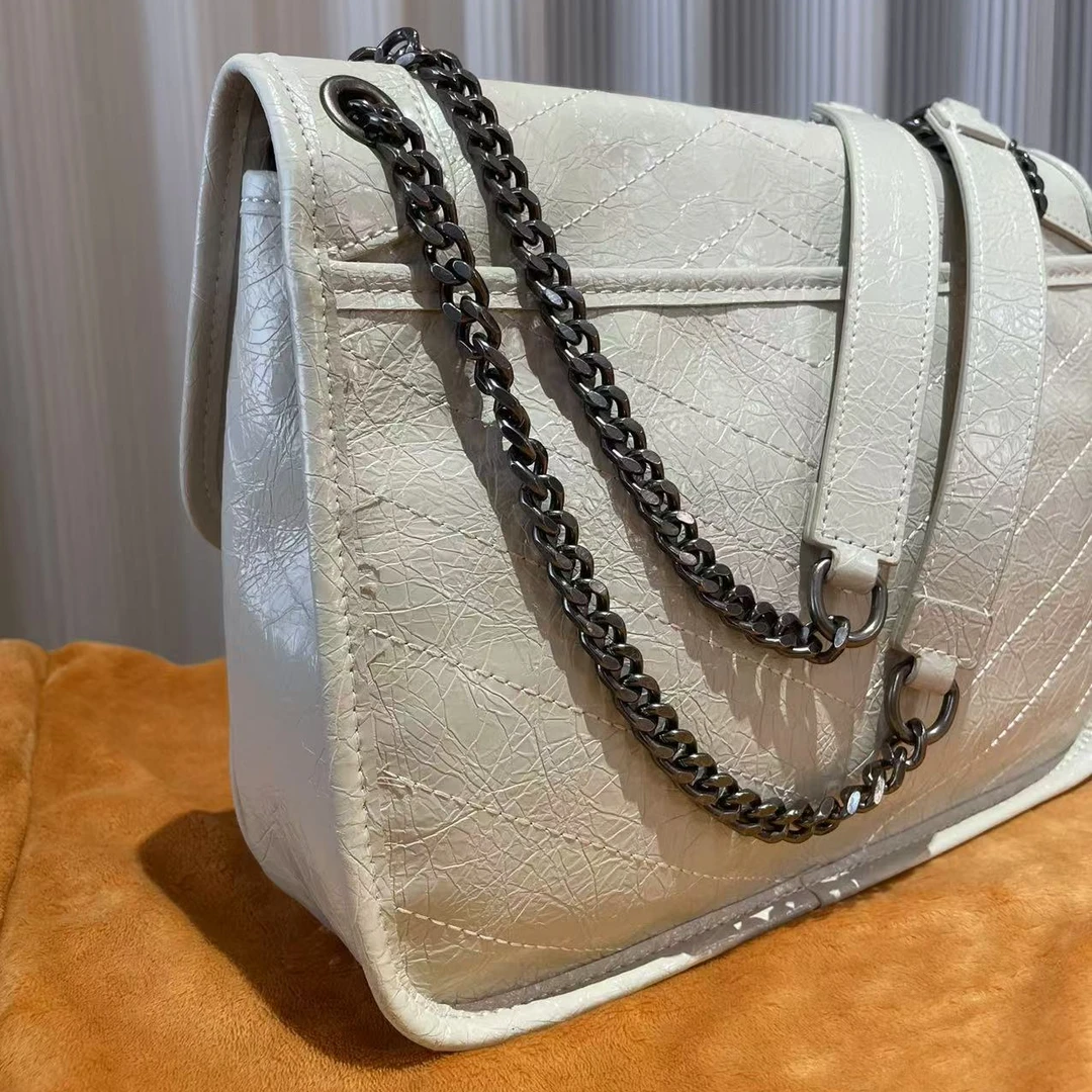 HIRMRIS手工真皮包银双肩链550091-1 nk中阳 邮差中号白色