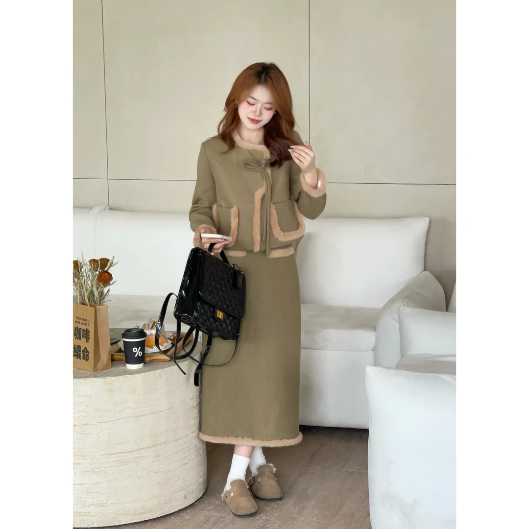 【樱桃小个子】秋冬新款法式小香风外套+半身裙气质套装ZR-T74009