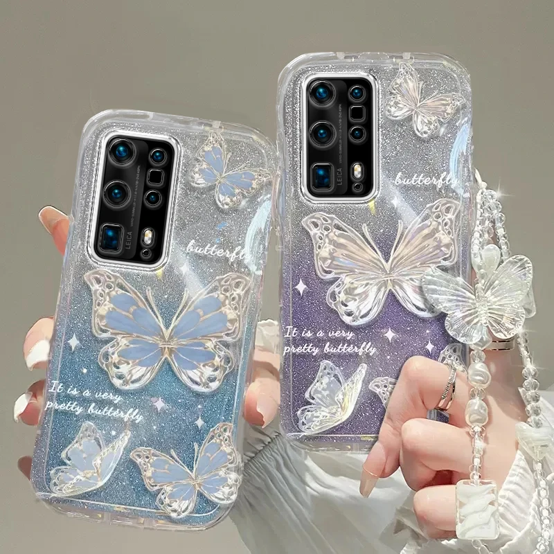 华为p40pro+手机壳渐变蝴蝶新款女高级感p40全包透明防摔硅胶软壳