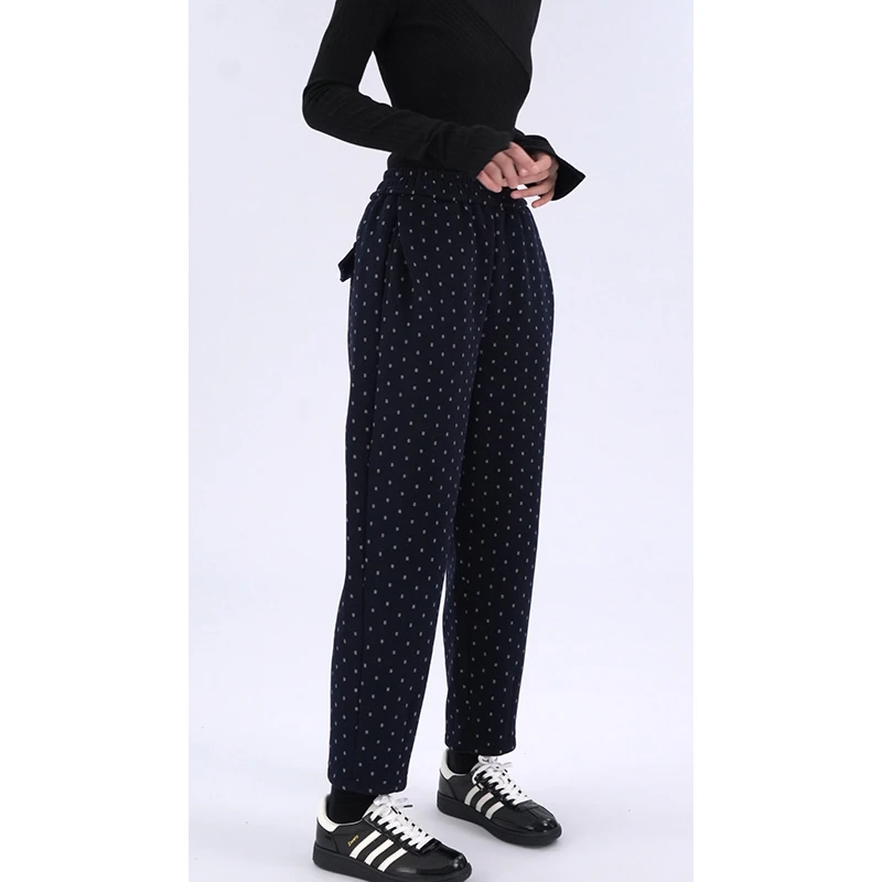 哈伦裤女士休闲裤子2024秋冬季束脚宽松加绒加厚百搭松紧腰波点