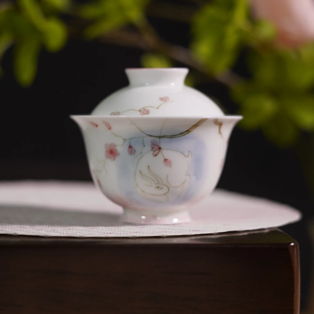 勿念 花下月兔 甜白盖碗釉下彩手绘100ML