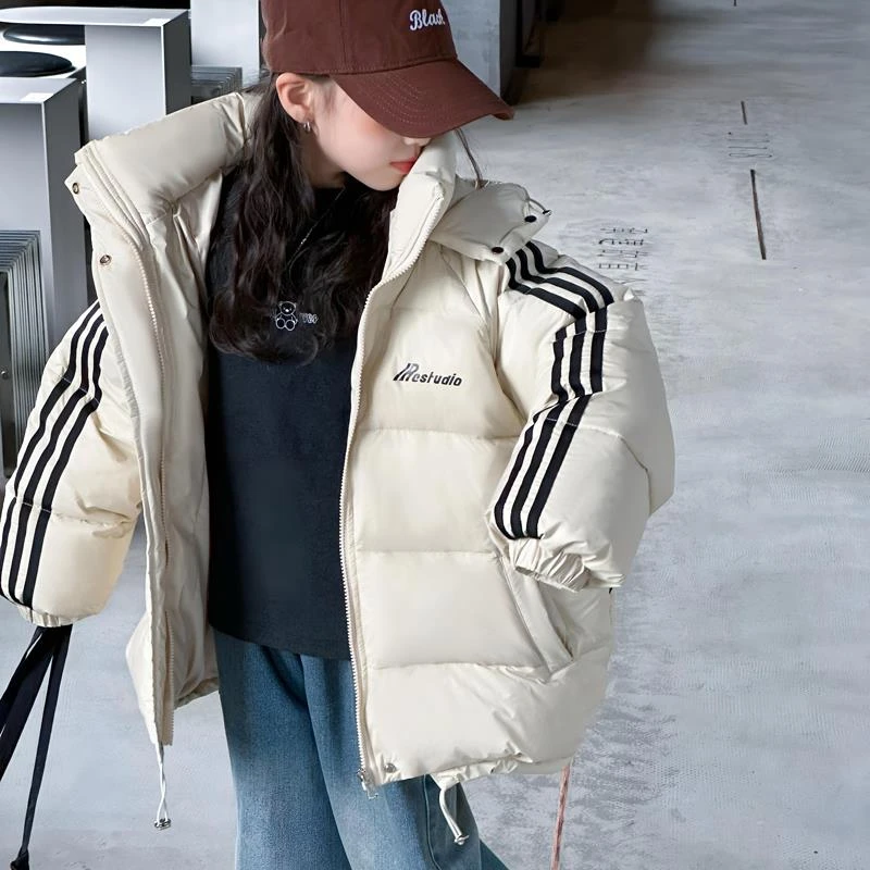 儿童三条杠连帽羽绒服2025冬季棉袄短款中大童羽绒服女款8-16棉衣