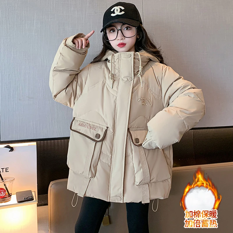 女大童冬季连帽加厚手塞棉服2025网红时髦小女孩宽松大口袋棉衣潮