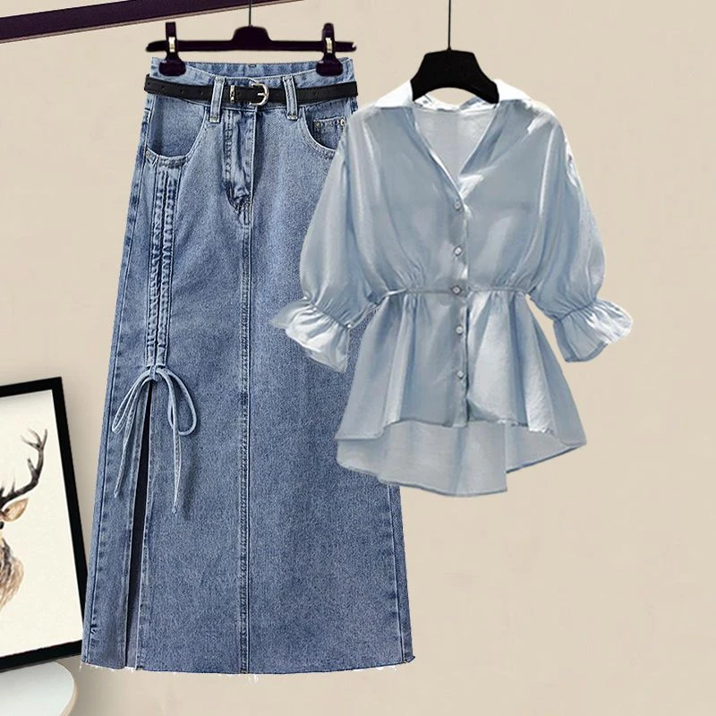 秋季睡衣套装女2024新款大码洋气收腰显瘦衬衫牛仔半身裙两件套xx