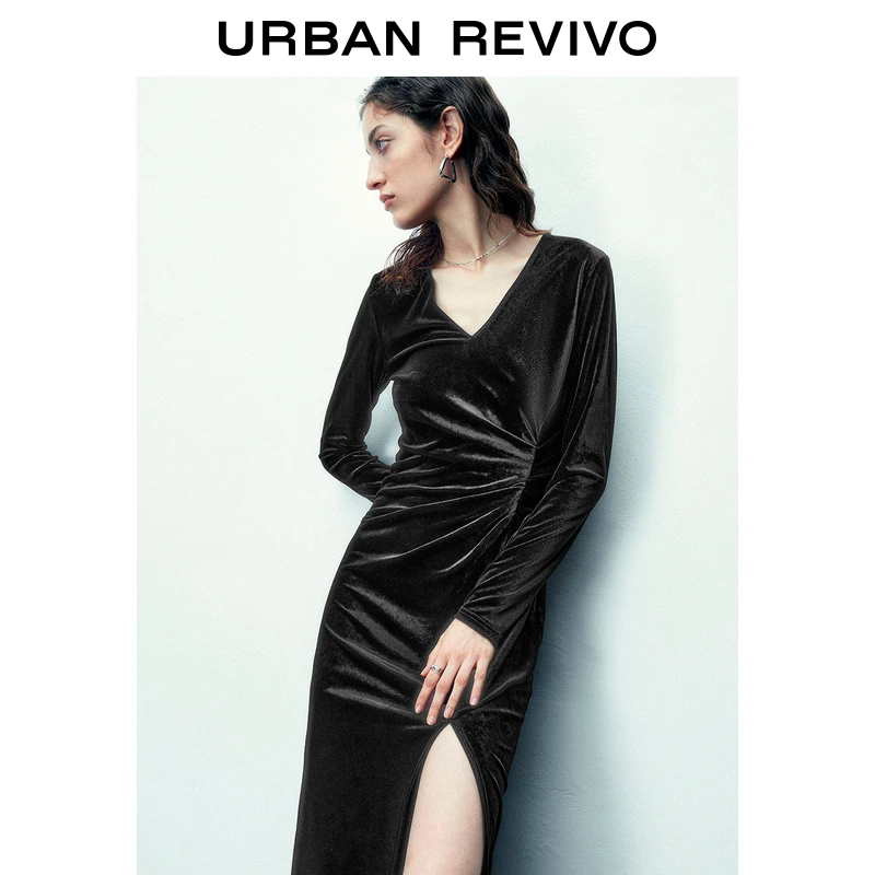 UR秋冬轻奢气质连衣裙女高阶褶皱长裙长袖圣诞穿搭裙子UWG730082