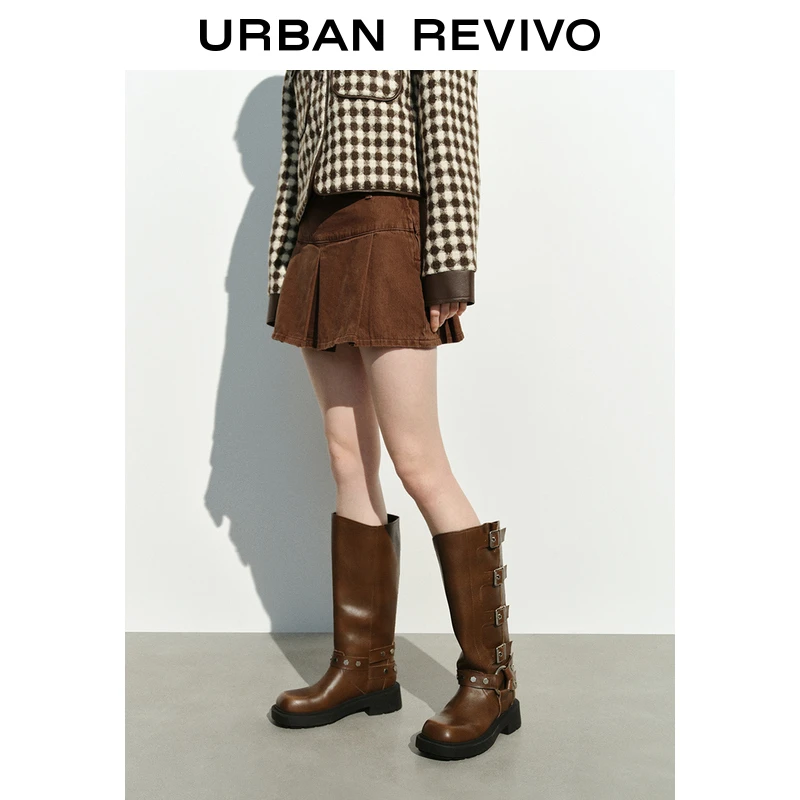 UR春季美式复古显瘦半身裙女气质压褶短裙高腰休闲半裙UWL830062