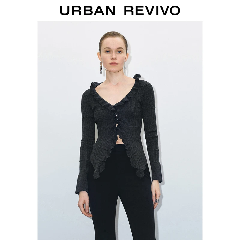 UR2024秋冬新款女时尚氛围感木耳边修身长袖针织衫UWG930100