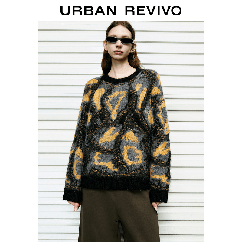 UR秋冬复古撞色针织衫女提花V领小小织长袖圣诞穿搭毛衫UWV930098