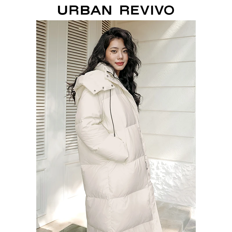 UR秋冬立领抽绳宽松羽绒服女时尚连帽白鸭绒外套中长款UWU130021