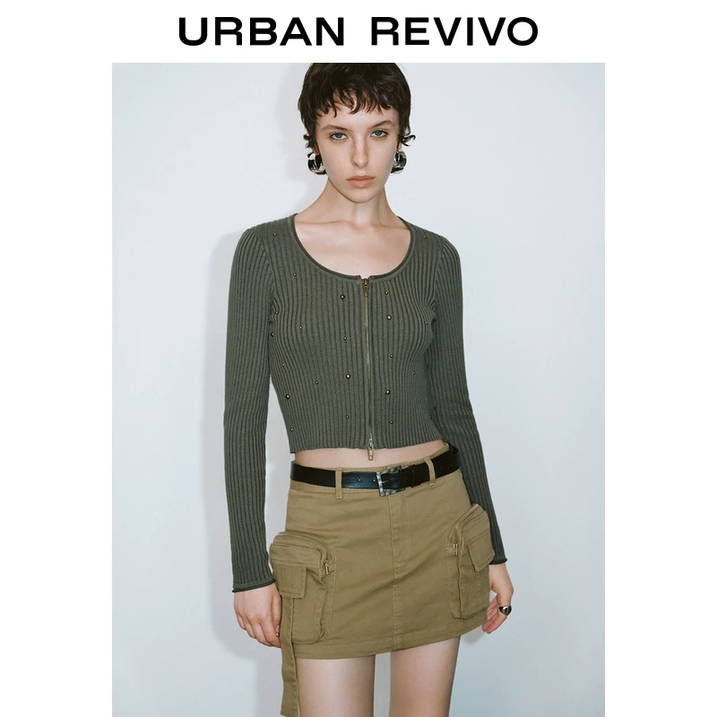 UR女装时髦钉珠坑条双拉链针织开衫UYY940028