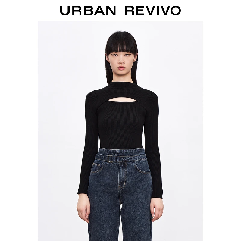 【HOT】UR冬季欧美风镂空针织T恤女黑色性感上衣修身打底UWV932073