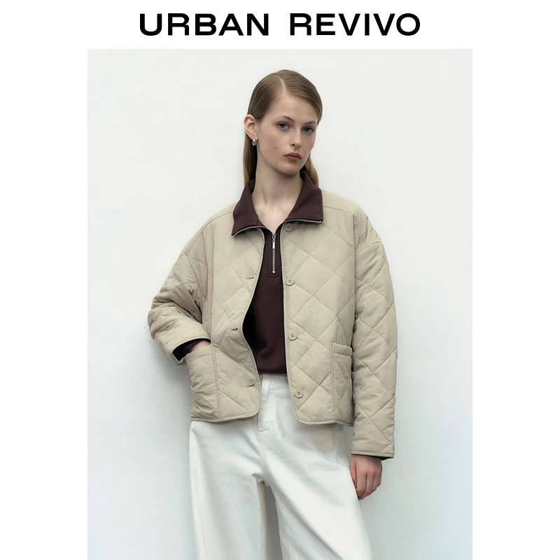 UR秋冬菱格简约棉服女装时尚气质百搭外套绗缝圆领上衣UWU132023